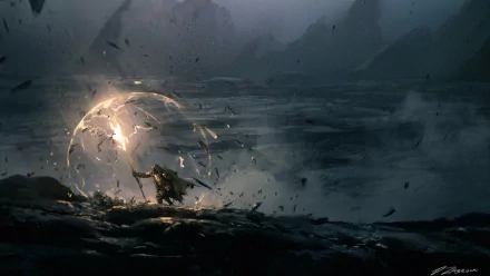 HD fantasy PC wallpaper depicting a sorcerer conjuring a glowing magical shield amid a dark, stormy landscape.