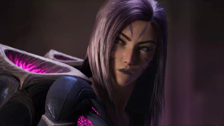 Close-up of Kai'Sa from League of Legends with striking purple eyes, detailed 8K Ultra HD video game wallpaper and desktop background.