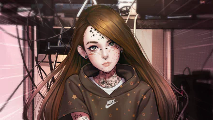 Artistic 4K Ultra HD PC wallpaper of a tattooed female gamer wearing a Nike hoodie, set against a moody, industrial background.