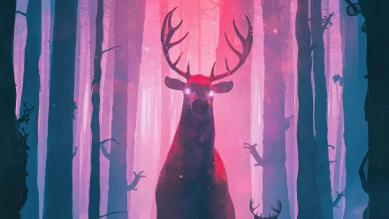 Fantasy-themed 4K Ultra HD PC wallpaper featuring a glowing-eyed deer with large antlers standing in a mystical, purple-hued forest.