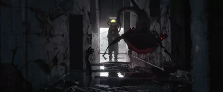 A post-apocalyptic anime scene featuring a girl in a derelict building, facing a mysterious creature. The HD wallpaper depicts a dark, eerie hallway, lit dimly, with cracked walls and water on the floor.