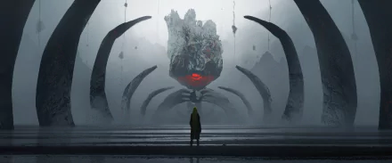 A 4K Ultra HD anime-style wallpaper depicting a girl standing before a colossal, ominous floating creature with glowing red eyes in a dark, cavernous setting.