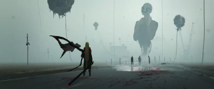 Anime girl wielding a large weapon stands in a foggy, apocalyptic landscape with towering alien figures, rendered in 4K Ultra HD for a PC desktop wallpaper.