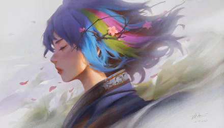 HD fantasy wallpaper showing a serene woman with flowing blue and purple hair adorned with colorful feathers and cherry blossoms in a soft, ethereal background.