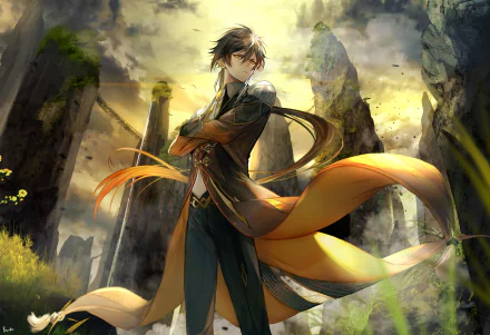 HD desktop wallpaper featuring Zhongli from the video game Genshin Impact, standing majestically with a glowing staff amid a rocky, mystical landscape under a dramatic sky.