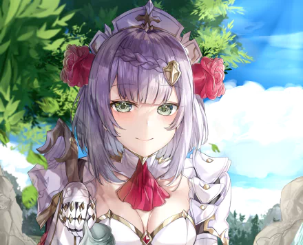 A high-definition desktop wallpaper featuring Noelle from Genshin Impact with green eyes and grey hair, set against a bright and lush outdoor background.