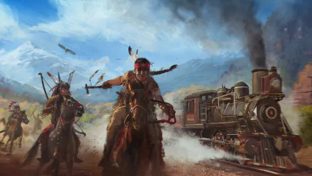 Artistic HD wallpaper depicting Native American warriors on horseback confronting a steam train in a dramatic western landscape.