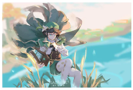 Venti from Genshin Impact is depicted in vibrant 4K Ultra HD artwork, set against a bright sky and grassy field, designed as a PC desktop wallpaper background.