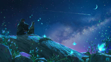 An anime-style image of a person and a dog sitting on a hill under a starry night sky with a crescent moon and shooting star. The scene is filled with glowing plants and butterflies. HD desktop wallpaper.