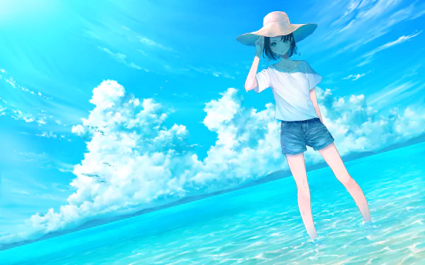 Anime-style original artwork of a girl wearing shorts and a hat, standing in clear ocean water under a bright blue sky, rendered in 4K Ultra HD for PC desktop wallpaper.