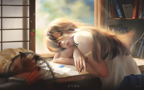 HD anime desktop wallpaper featuring an original character with long flowing hair resting on a desk by a window, bathed in soft, warm light.