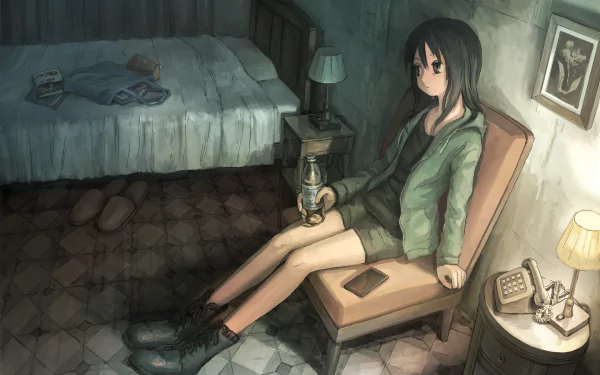 Original anime HD PC desktop wallpaper: girl in shorts and a jacket sits on a chair in a dim bedroom, holding a small lamp beside a bed and nightstand.