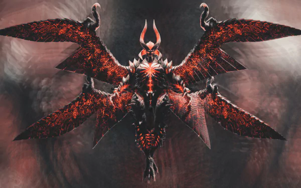 HD PC desktop wallpaper featuring a demonic, winged character from the video game Devil May Cry 5, with dark and fiery red tones.