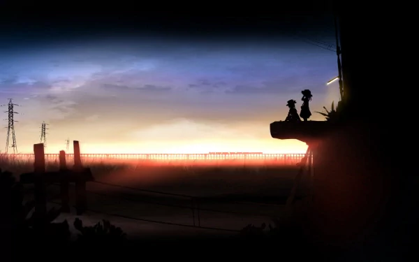 HD anime desktop wallpaper featuring Touhou characters Maribel Hearn and Renko Usami silhouetted against a vibrant sunset sky.