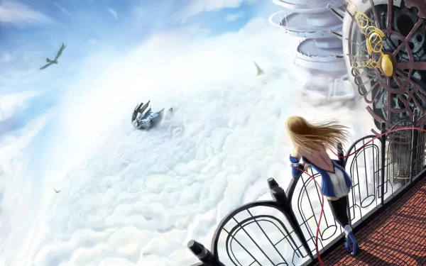 Noel Vermillion from the anime Blazblue stands on a balcony overlooking a vast, cloud-filled sky with distant mechanical structures in this HD PC desktop wallpaper.