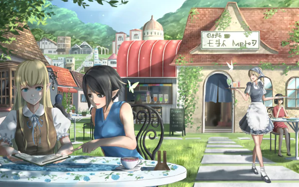 Anime HD PC desktop wallpaper featuring friends enjoying a peaceful outdoor cafe scene in a charming village setting.