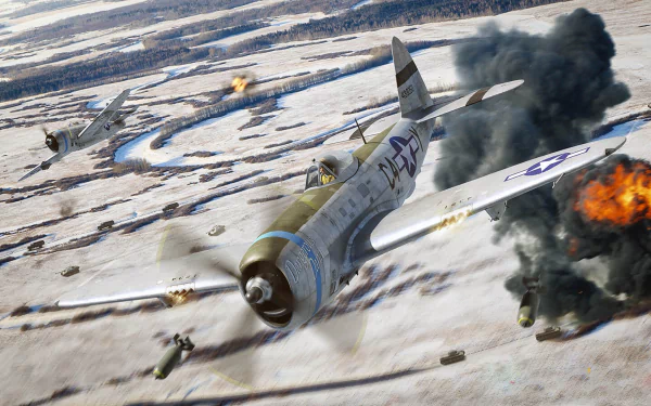 HD desktop wallpaper featuring a Republic P-47 Thunderbolt warplane in flight over a snowy battlefield with explosions and military aircraft in action.