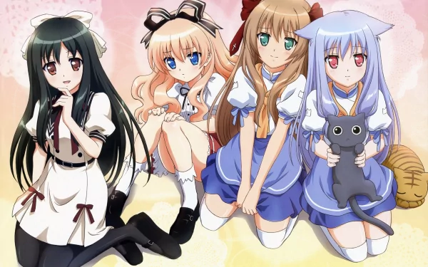 HD PC desktop wallpaper featuring four female characters from the anime Mayoi Neko Overrun! in colorful outfits with a soft pastel background.