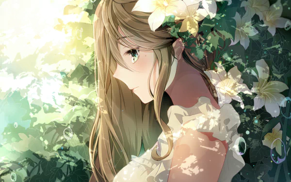Anime girl with long blonde hair, adorned with white flowers, surrounded by greenery, creating a serene and ethereal HD desktop wallpaper backdrop.