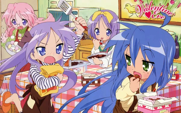 HD anime desktop wallpaper featuring Lucky Star characters enjoying sweets in a brightly colored, cozy kitchen setting with a Valentine’s Day theme.
