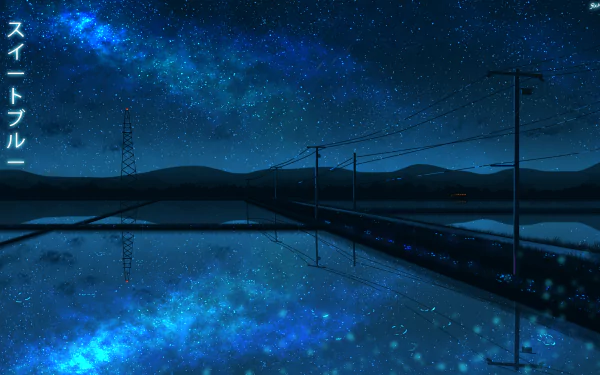 Anime-style night landscape featuring power lines over reflective water beneath a starry sky, rendered in HD as a serene desktop wallpaper.