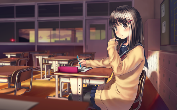 Anime Girl School Uniform Pen Black Hair Blush Brown Eyes Skirt Hairpin HD Wallpaper | Background Image