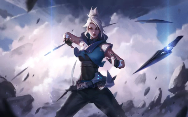 HD desktop wallpaper of Jett from the video game Valorant, poised for action amid a dynamic, shattered background.