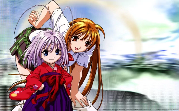 HD PC desktop wallpaper featuring two anime characters from Tenjho Tenge, one with white hair in a red outfit and the other with long brown hair against a blurred sky background.