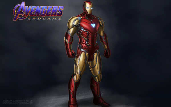 4K Ultra HD concept art of Iron Man Mark 85 armor featuring Tony Stark from Avengers Endgame, showcased as a dynamic PC desktop wallpaper background.