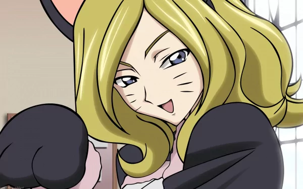 HD PC wallpaper of Milly Ashford from Code Geass: anime-style close-up of her in a cat outfit, smiling with a raised paw before a bright windowed background.