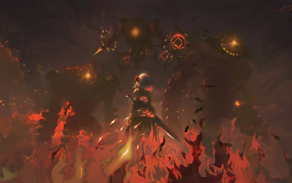 A high-definition desktop wallpaper featuring Noelle from Genshin Impact, standing amidst fire with Ruin Hunter and Ruin Guard towering in the background.