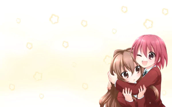 HD anime desktop wallpaper featuring Minori Kushieda and Taiga Aisaka from Toradora! in a warm embrace with a soft starry background.
