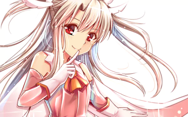 HD anime desktop wallpaper featuring Illyasviel Von Einzbern from Fate/Grand Order with flowing white hair and red eyes, set against a soft pink background.