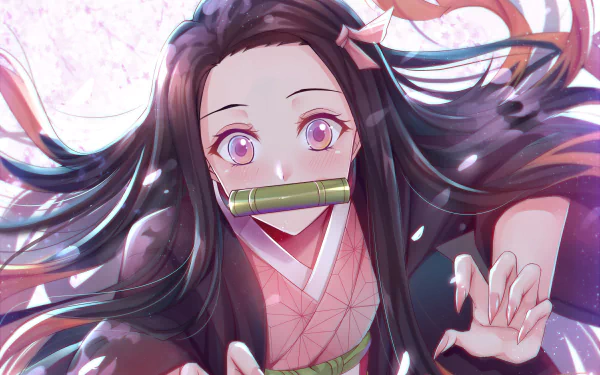 HD desktop wallpaper featuring Nezuko Kamado from Demon Slayer: Kimetsu no Yaiba, depicted with vibrant swirling hair and a bamboo muzzle.