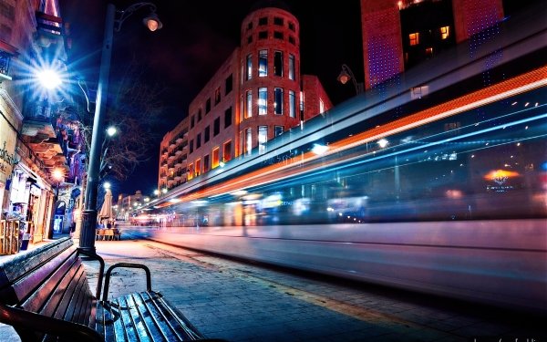 Photography Time-lapse Road Bench City Night HD Wallpaper | Background Image