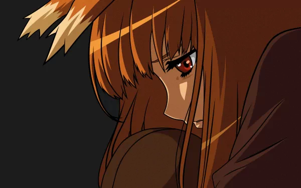 A sad-looking character with animal ears and red eyes, featuring brown hair. This HD wallpaper captures Holo from Spice & Wolf in a moment of deep emotion.