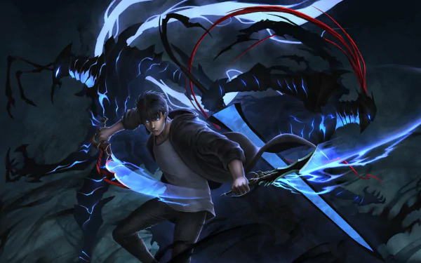 HD anime wallpaper featuring Sung Jin-Woo from Solo Leveling with his shadow familiars Beru and Igris in a dynamic, dark battle scene.