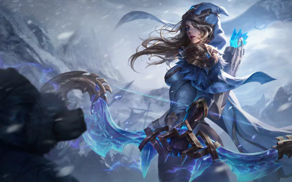 HD PC desktop wallpaper featuring Ashe from League of Legends, showcasing her icy bow and detailed armor in a snowy, mountainous video game environment.