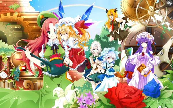 A vibrant HD wallpaper featuring characters from Touhou: Koakuma, Flandre Scarlet, Sakuya Izayoi, Remilia Scarlet, Patchouli Knowledge, and Hong Meiling amidst a colorful garden setting.