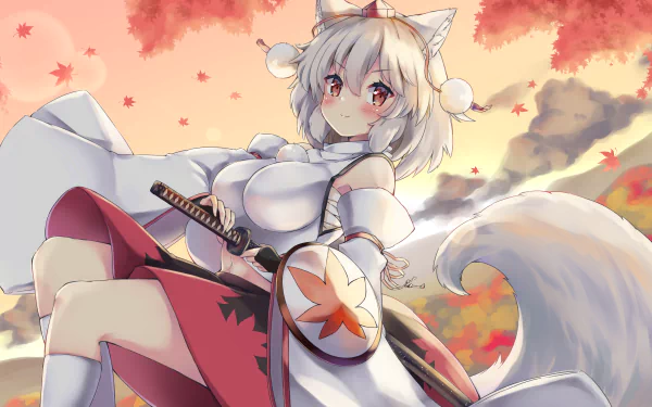 4K Ultra HD anime wallpaper featuring Momiji Inubashiri from Touhou, depicted with white hair, wolf ears, and a sword amid autumn leaves and a soft evening sky.