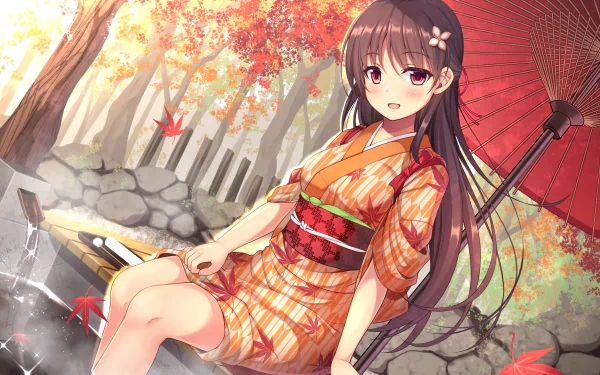 Anime girl with long brown hair wearing a kimono sits under autumn trees holding a red umbrella in this vibrant 4K Ultra HD fall PC desktop wallpaper.