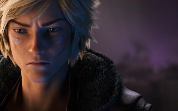 Close-up of Ezreal from League of Legends with intense blue eyes, short blonde hair, and a dark jacket in a high-resolution 8K Ultra HD video game wallpaper.