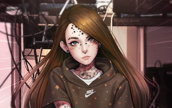 Artistic 4K Ultra HD PC wallpaper of a tattooed female gamer wearing a Nike hoodie, set against a moody, industrial background.