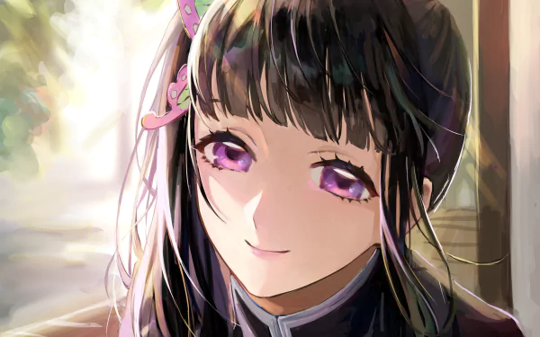 This HD desktop wallpaper features Kanao Tsuyuri from the anime Demon Slayer: Kimetsu no Yaiba, showcasing her with striking purple eyes and a tranquil expression.