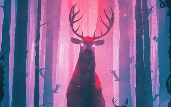 Fantasy-themed 4K Ultra HD PC wallpaper featuring a glowing-eyed deer with large antlers standing in a mystical, purple-hued forest.
