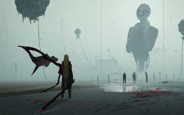 Anime girl wielding a large weapon stands in a foggy, apocalyptic landscape with towering alien figures, rendered in 4K Ultra HD for a PC desktop wallpaper.