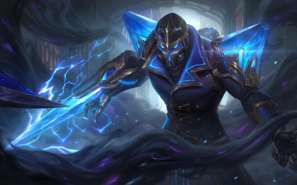 HD PC desktop wallpaper featuring Kassadin from League of Legends, showcasing the character in striking blue armor with electric energy effects.
