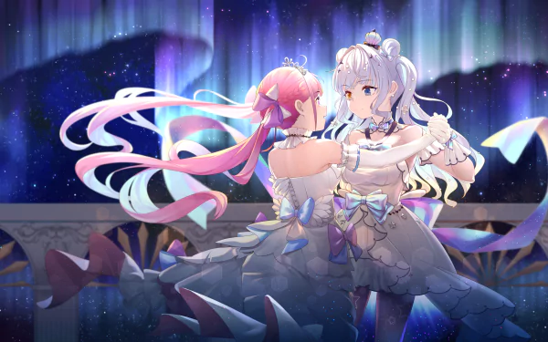 dance heterochromia white hair long hair pink hair hololive Kagura Mea Minato Aqua Anime Virtual Youtuber HD Desktop Wallpaper | Background Image