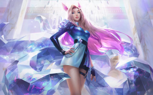 Digital artwork of Ahri from League of Legends, featuring pink hair, blue eyes, and animal ears. She's dressed in a blue outfit with a K-pop and cat girl aesthetic against a crystalline background.