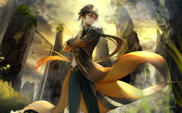 HD desktop wallpaper featuring Zhongli from the video game Genshin Impact, standing majestically with a glowing staff amid a rocky, mystical landscape under a dramatic sky.